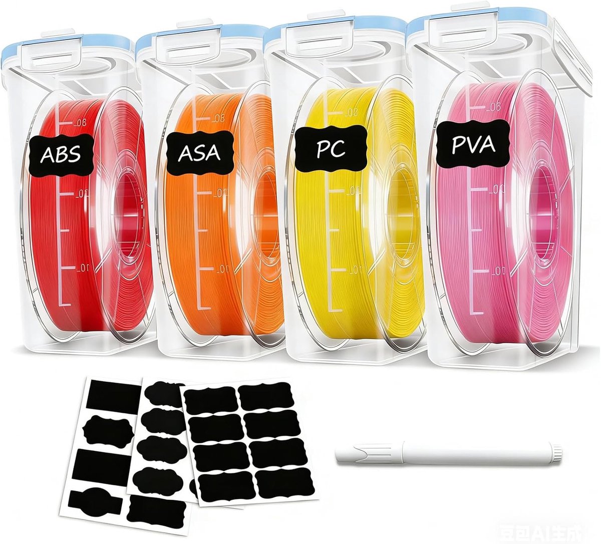 SnelShoppen - Pack van 4 Filament Opslagdozen voor 3D Printen, Water- en Stofdicht, Met Desiccant en Labels, 4.0L, Blauw, Duurzaam PP Materiaal