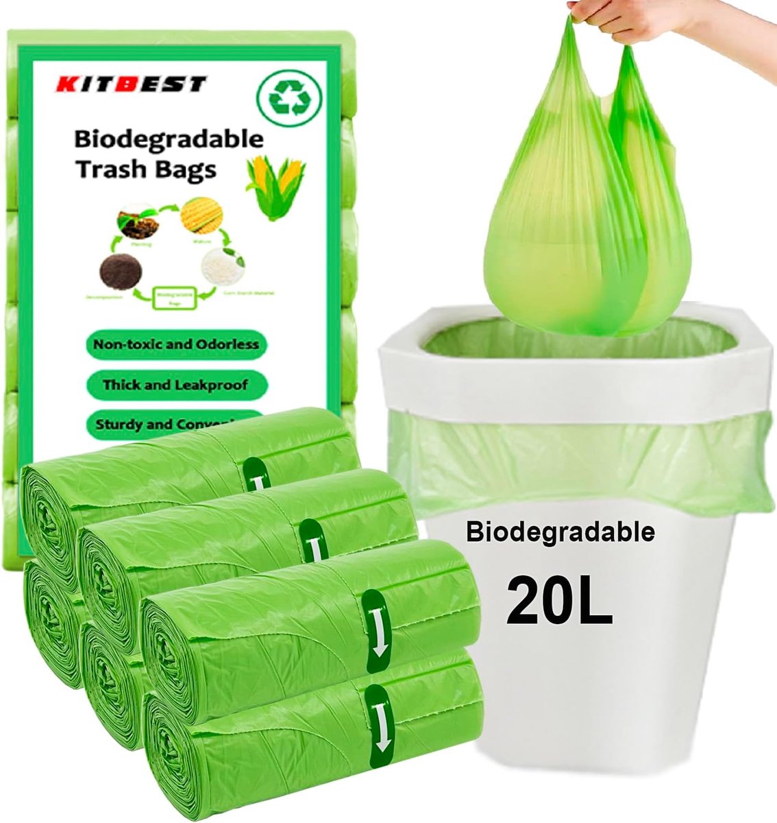 SnelShoppen - Composteerbare Afvalzakken 20L met Handvat, 120 Stuks, Geschikt voor Keuken, Tuin, Feest, Gemakkelijk te Gebruik, Groene Caddy Liner, Af
