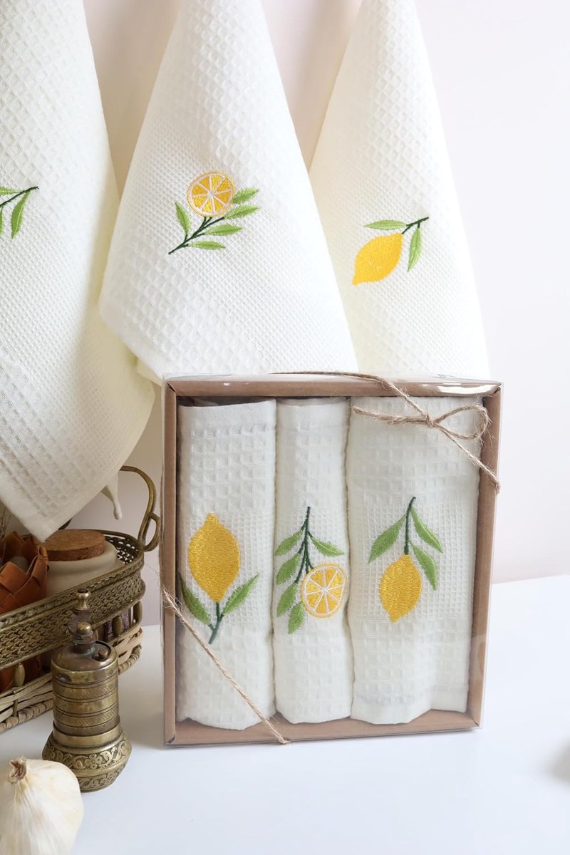 SnelShoppen - Set van 3 Keukenhanddoeken 40 x 60 cm, 100% Katoen, Lemon Design met Borduursel, Zacht, Sneldrogend en Absorberend, Ideaal als Huiskamer