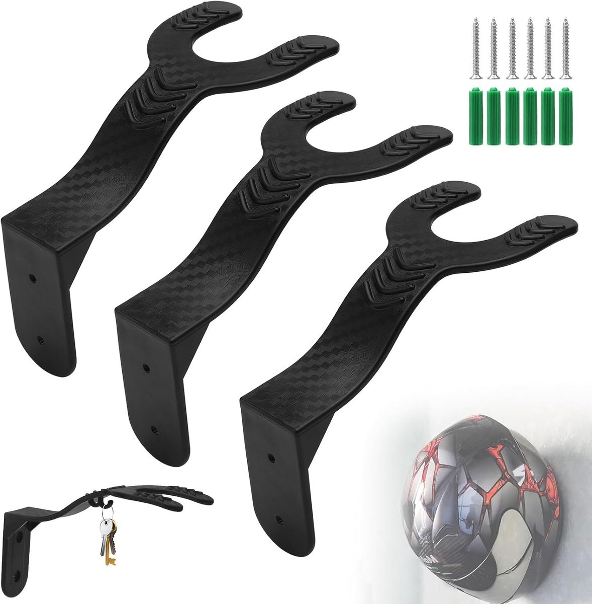 SnelShoppen - Set van 3 Motorhelm Houder met Haken - Hoogwaardige ABS, Antislip en Stabiele Wandmontage voor Garage, Hal en Woonkamer