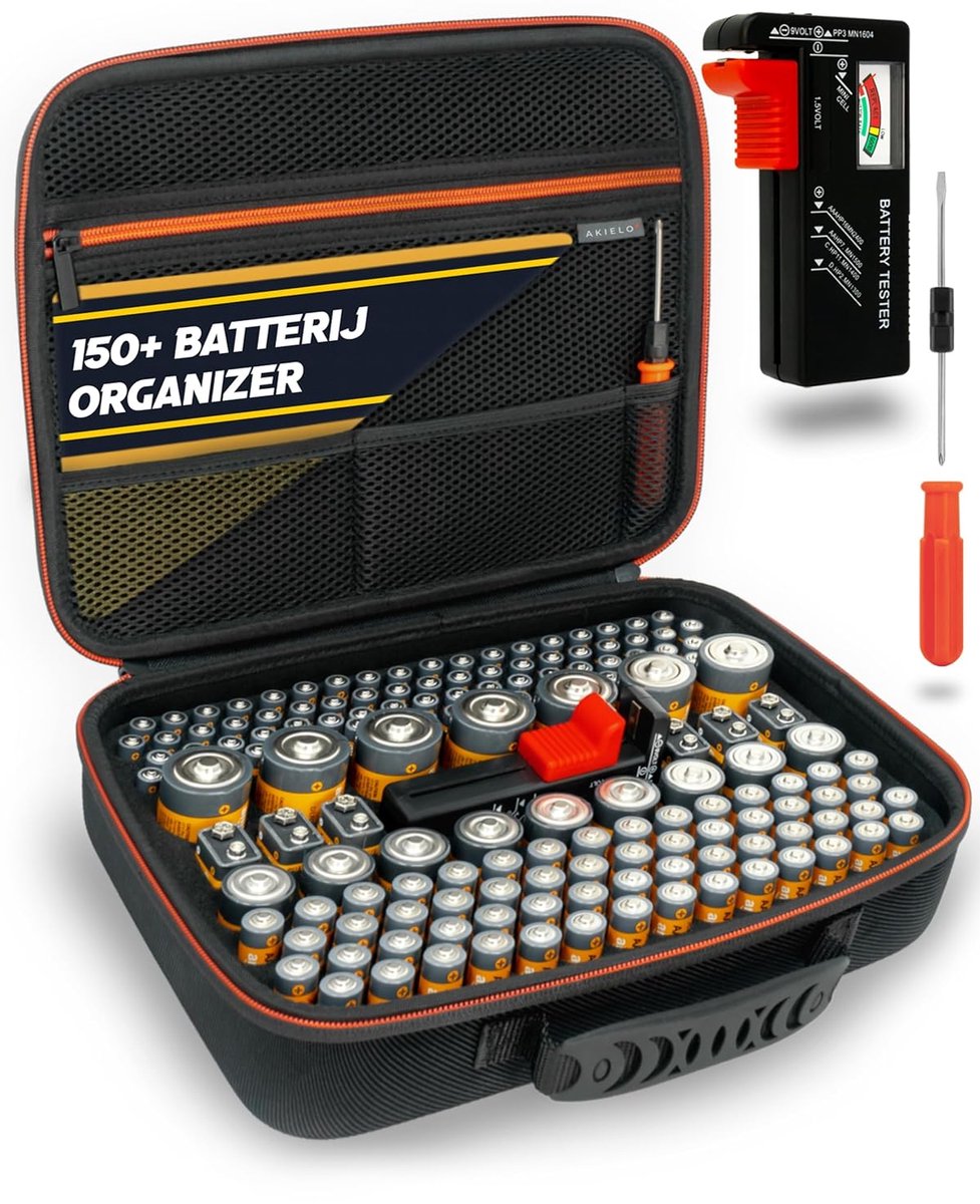 SnelShoppen - Battery Organizer en Opslagdoos voor 150+ Batterijen - Met Batterij Tester, Schroevendraaier en Slotvak voor Knopcelbatterijen - Geschik