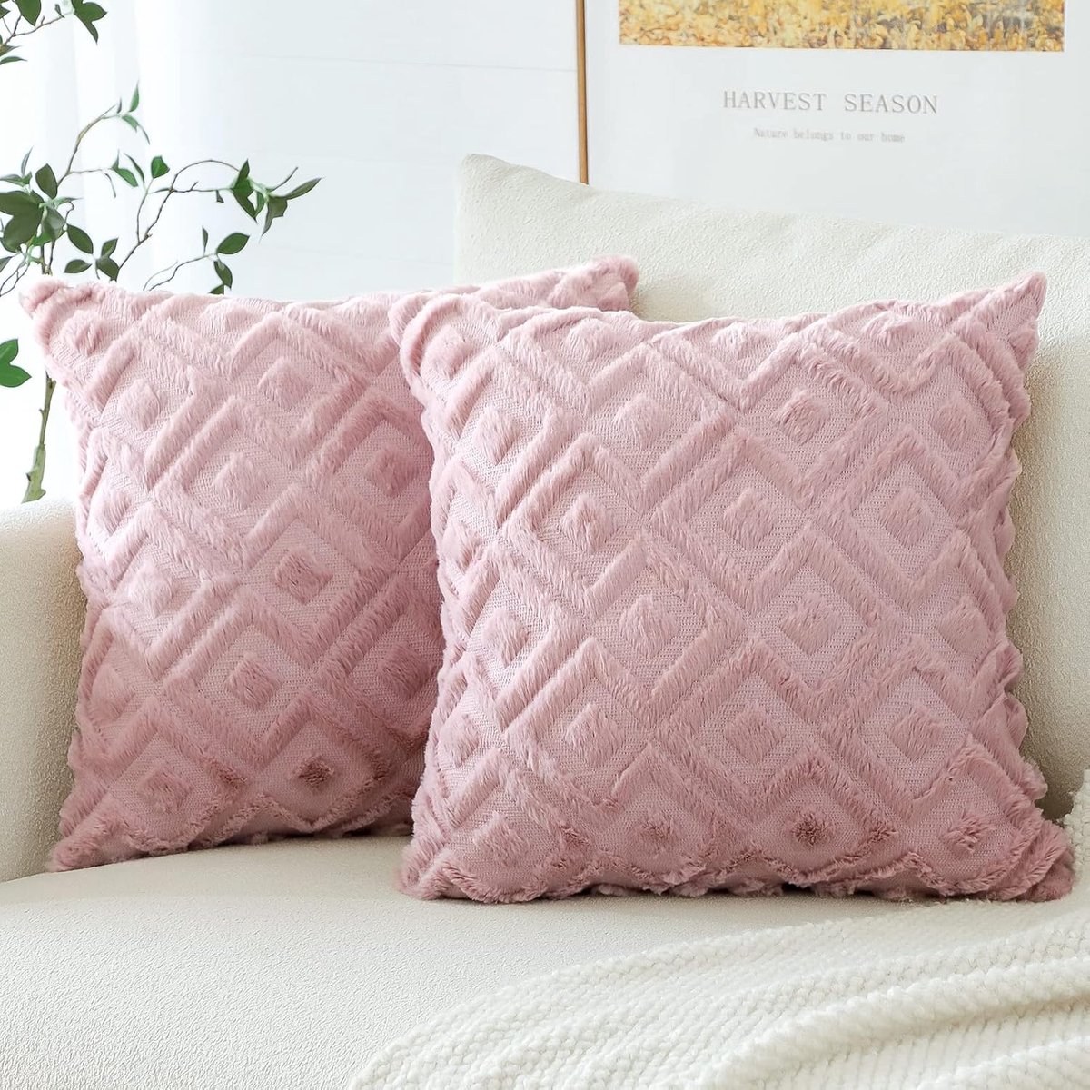 SnelShoppen - Set van 2 Luxe Wol Kussenslopen, Zachte Pluche Kussenhoezen, Geometrisch Design in Roze 60 x 60 cm voor Sofa en Slaapkamer, Boho Decorat