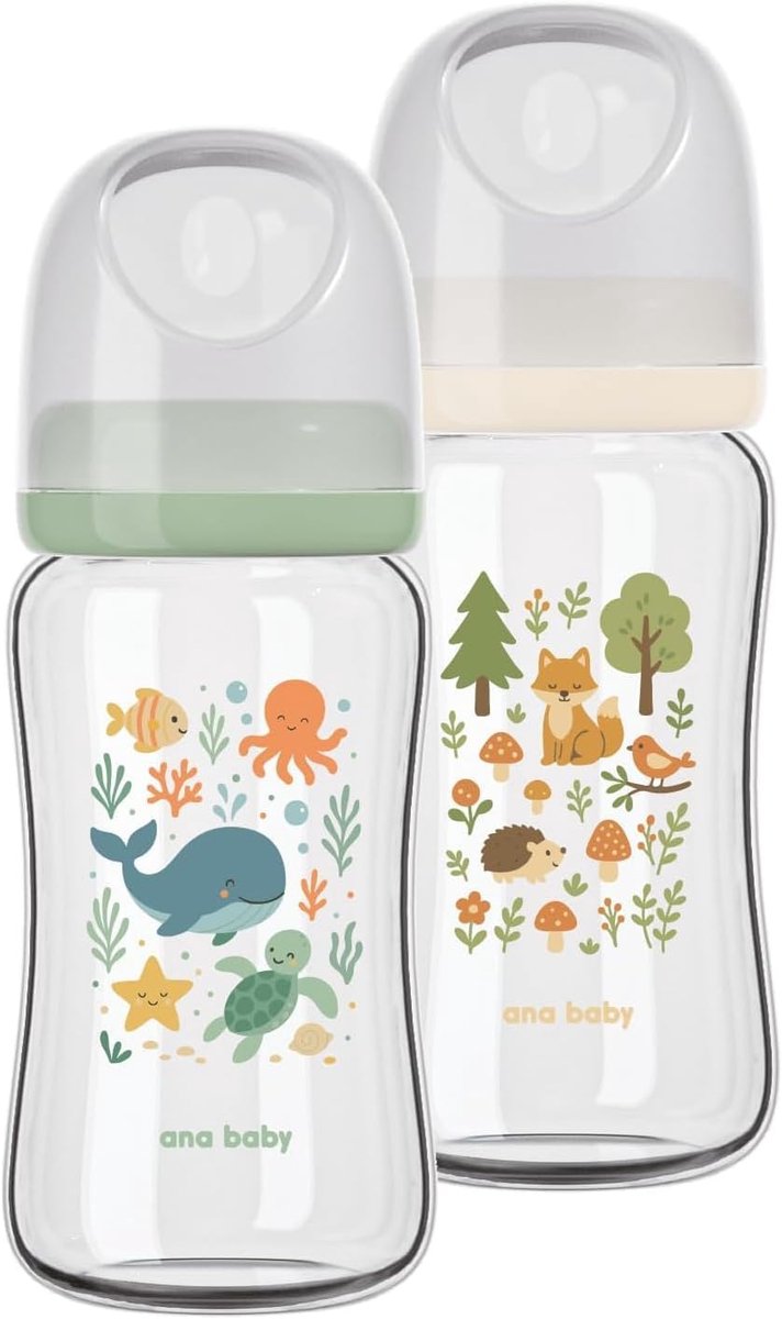 SnelShoppen - Set van 2 BPA-vrije Borosilicaat Glazen Flessen voor Babyvoeding met Zachte Siliconen Speentjes, Anti-Colic Ventilatie, Onderwater en Bo