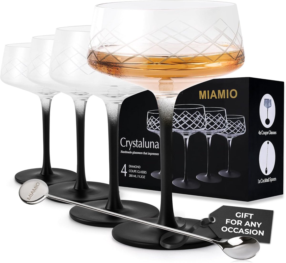 SnelShoppen - 280ml Coupe glazen set van 4 met bar lepel, handgeblazen kristallen cocktail glazen met zwarte basis, unieke vodka martini en champagne