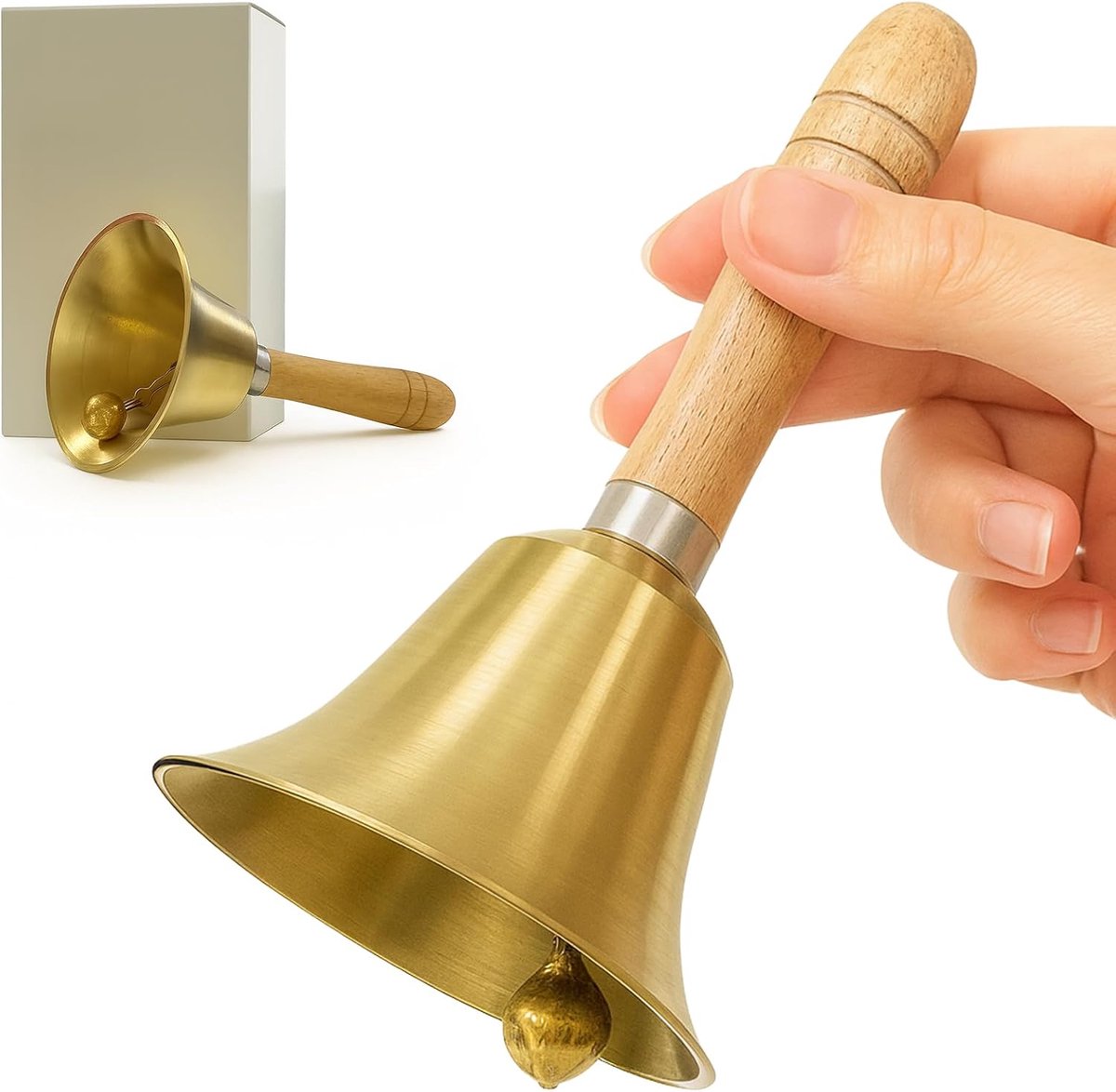 SnelShoppen - Bellanova Metaal Handbel met Houten Handvat 15 cm, Ø 8 cm, Servicebel, Tafelbel, Roepbel, Kerstbel voor Thuis en School