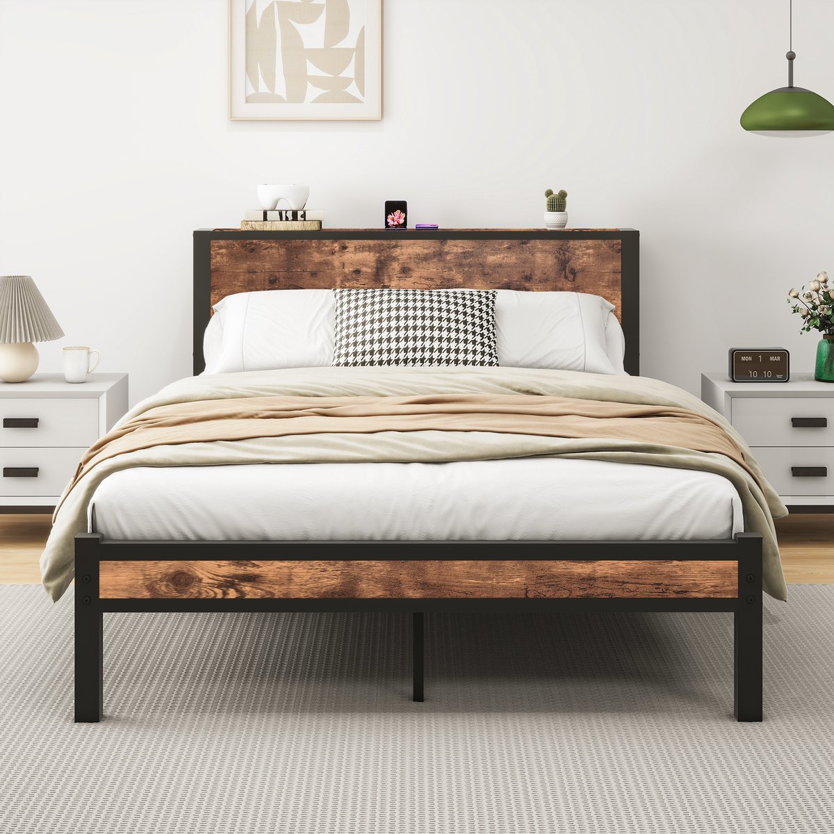 Bed 140x200 cm - Met Opberg Hoofdbord en Lattenbodem - Zonder Matras - Metalen Frame met MDF - Vintage Bruin en Zwart