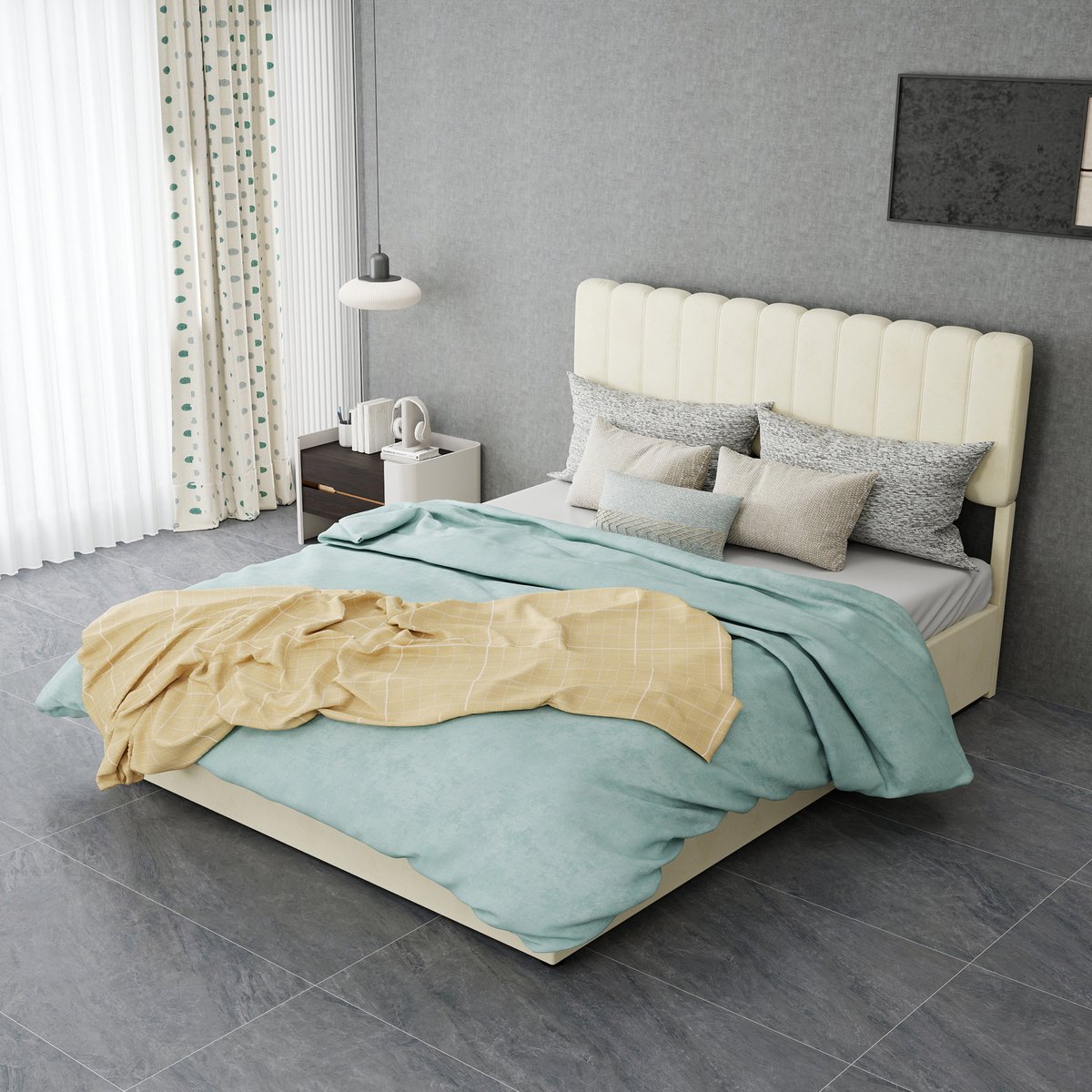 HAUSS SPOLE Gestoffeerd Bed 140x200 cm - Tweepersoonsbed met Opbergruimte en Gaslift - Zonder Matras - Zacht Hoofdbord - Hout Metaal Stof - Beige