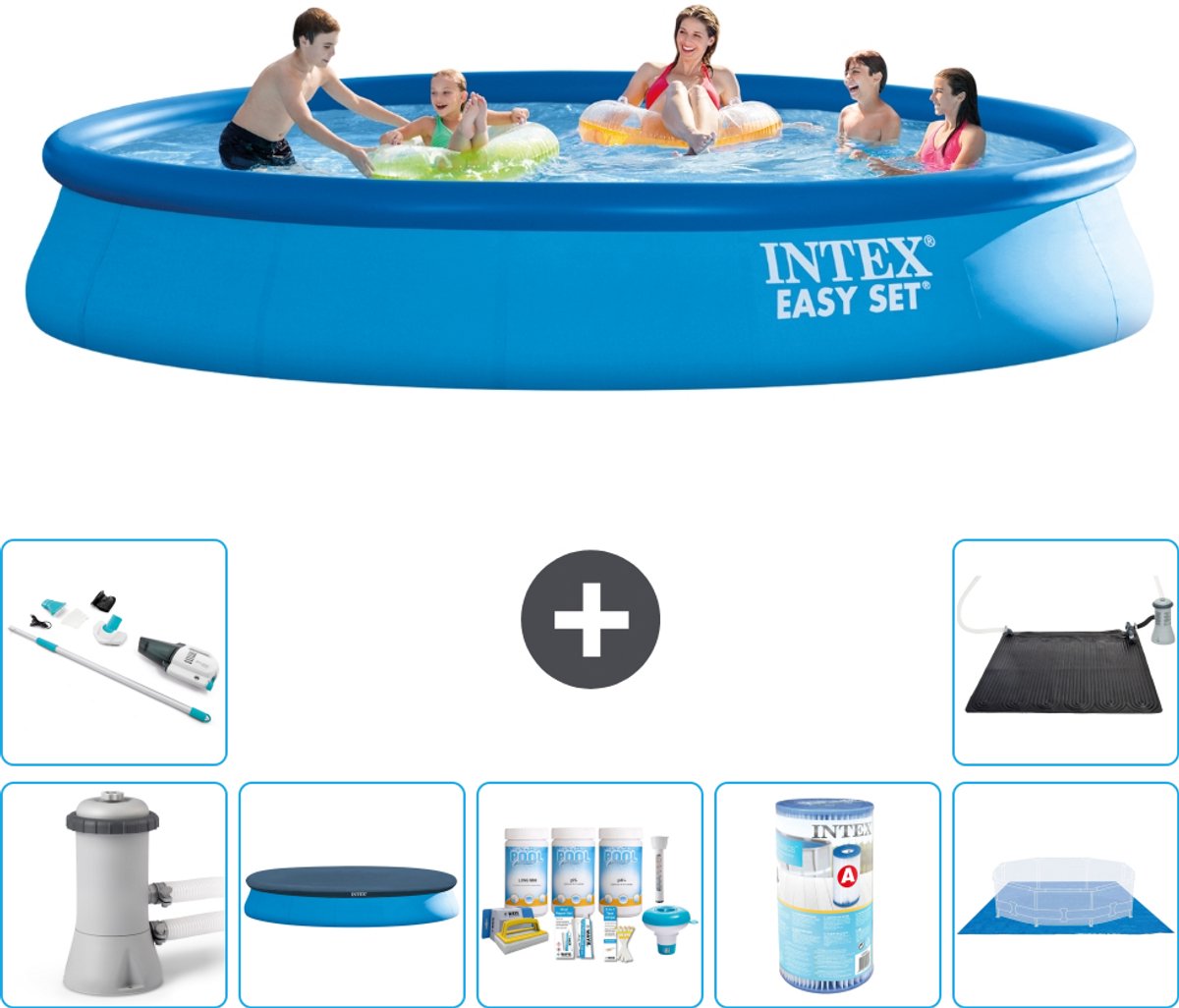 Intex Rond Opblaasbaar Easy Set Zwembad - 457 x 84 cm - Blauw - Inclusief Pomp - Afdekzeil - Onderhoudspakket - Filter - Grondzeil - Stofzuiger - Solar Mat - 8-delig