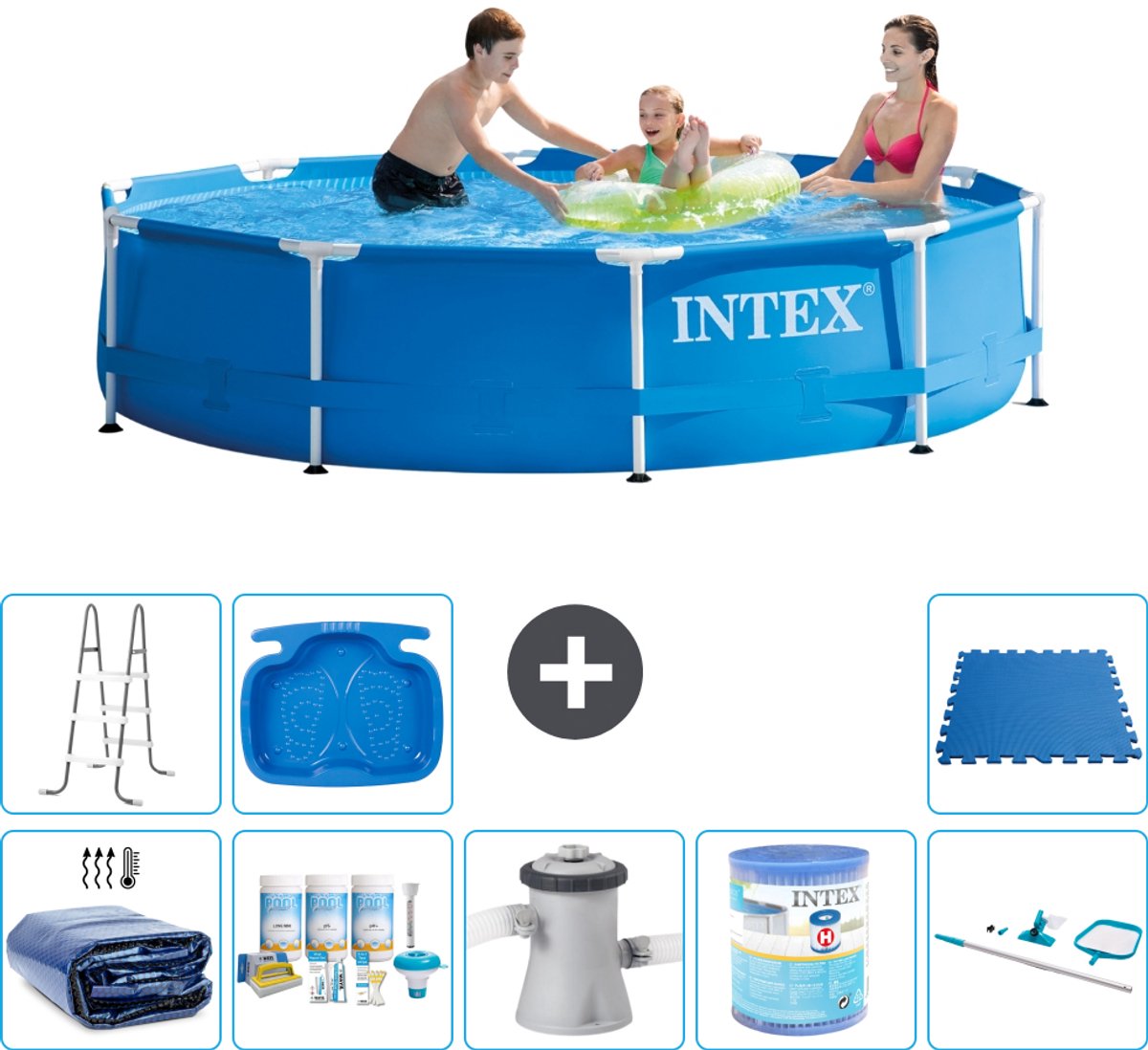 Intex Rond Frame Zwembad – 305 x 76 cm – Blauw – Inclusief Solarzeil – Onderhoudspakket – Zwembadfilterpomp – Filter – Schoonmaakset – Ladder – Voetenbad – Vloertegels – 9-delig