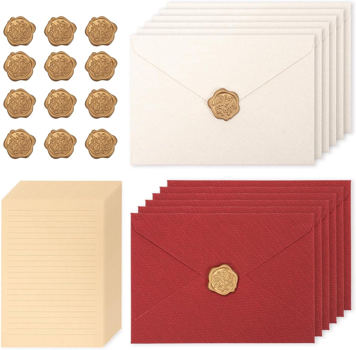 Vintage Briefpapier Set met 12 Enveloppen, 12 Waszegels en 20 A5 Bladen voor Liefdesbrieven, Bruiloften en Verjaardagen