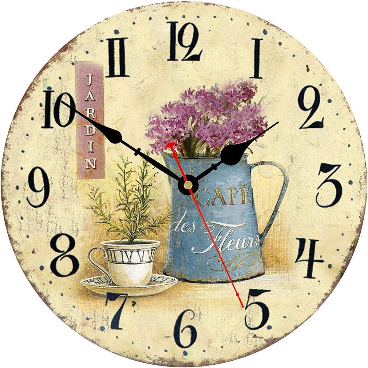 SnelShoppen - 30cm Wandklok Retro Bloemenpatroon Houten Wandklok Stille Non-Tikken Batterijen Arabische Cijfers Decoratieve Klok voor Café en Thuis