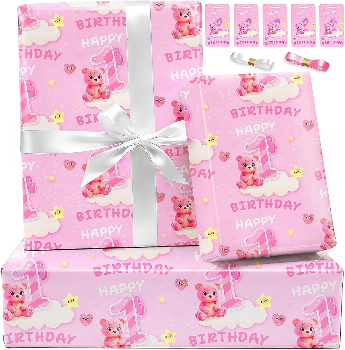 SnelShoppen - Roze cadeaupapier baby 1e verjaardag, 5 stuks 70 x 50 cm inpakpapier voor baby shower en geboorte meisje, feestelijk cadeaupapier voor v