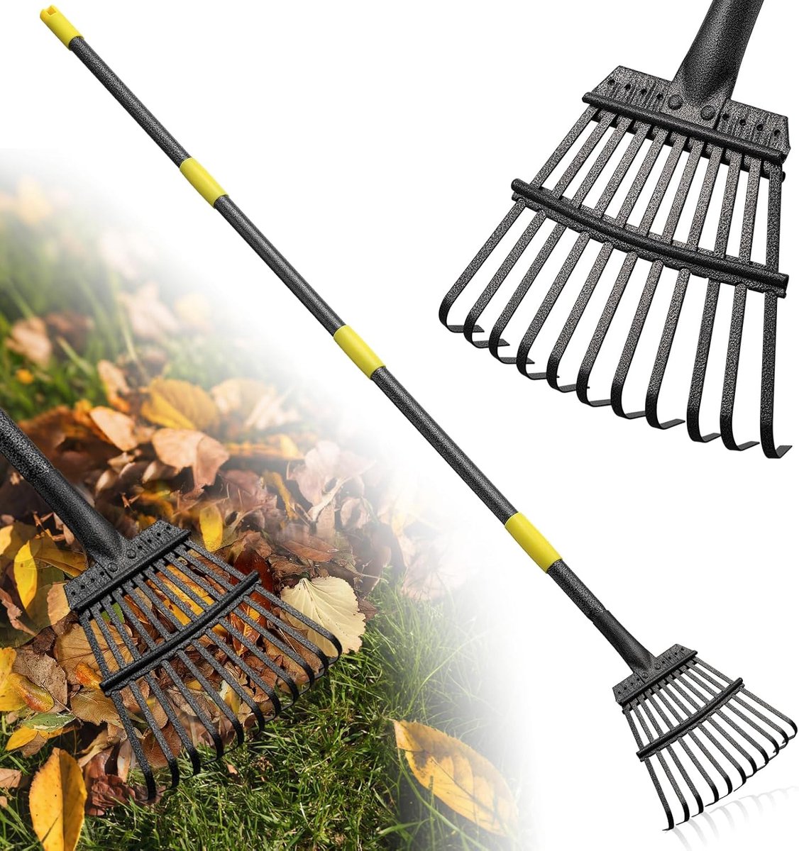 SnelShoppen - Garden Leaf Rake 150 cm - Sterke Kleine Hegriek met 11 Metaal Tanden, 21 cm Breed, Verstelbare Stalen Handgreep - Tuinbladverzamelaar vo
