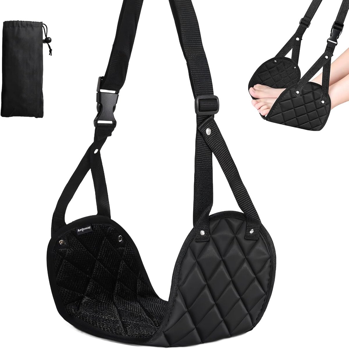 SnelShoppen - Vliegtuig Voetensteun met Opbergtas - Verstelbare Voethangmat voor Vliegtuig en Auto - Zwart - 45x21 cm - Ideaal voor Lange Vliegen