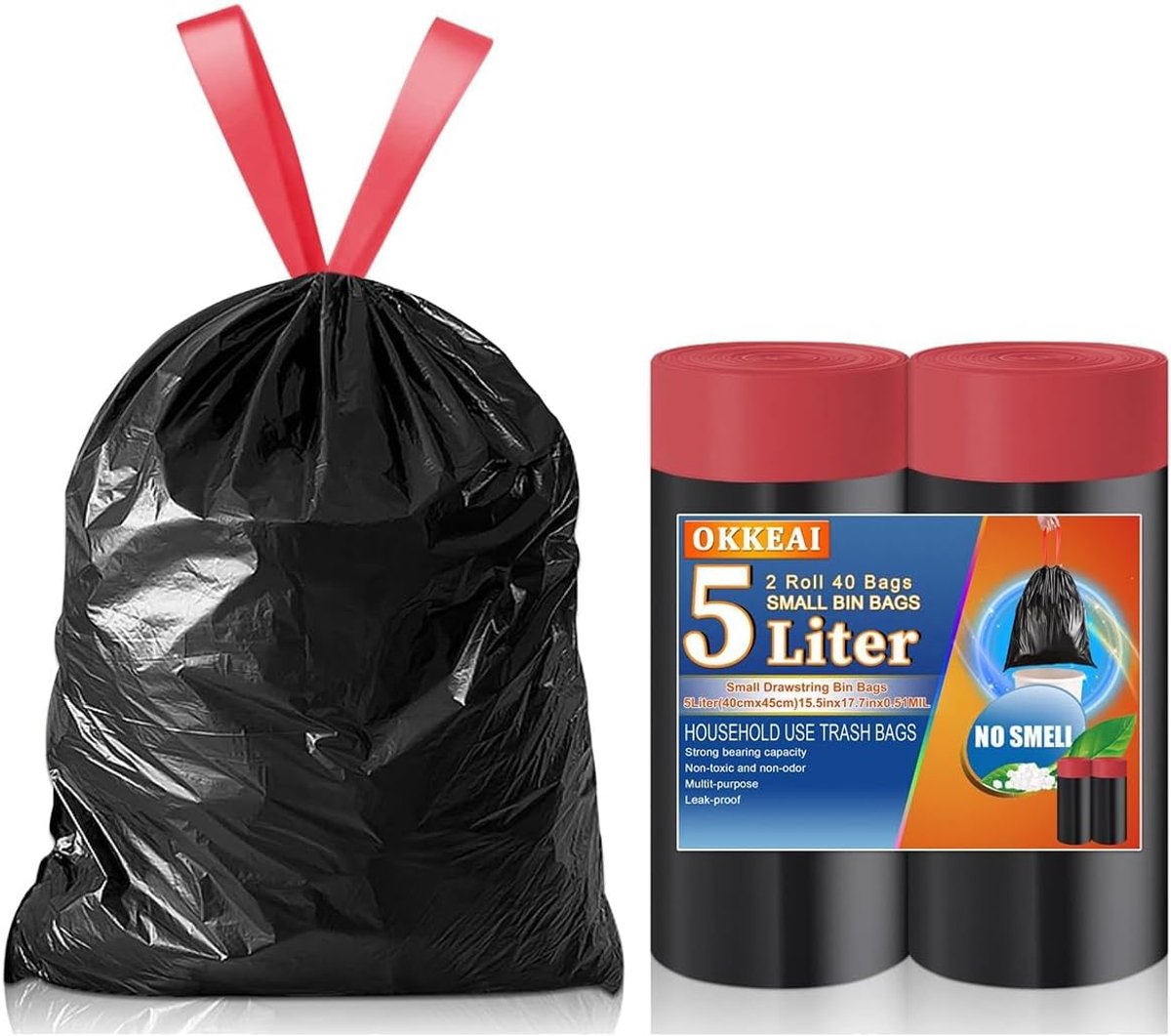 SnelShoppen - 40 Stuks 5L Afvalzakken met Trekbanden - Zwarte Mini Vuilniszakken Geschikt voor Badkamer, Toilet, Keuken - 40x45 cm, Voetbediening, Lek