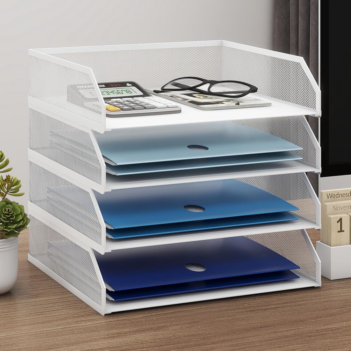SnelShoppen - 4 Laags Metalen Mesh Briefbak | Documenten Organizer, Ladehouder voor Thuiswerkplek, Wit, Duurzaam, Multifunctioneel, Stijlvol Design
