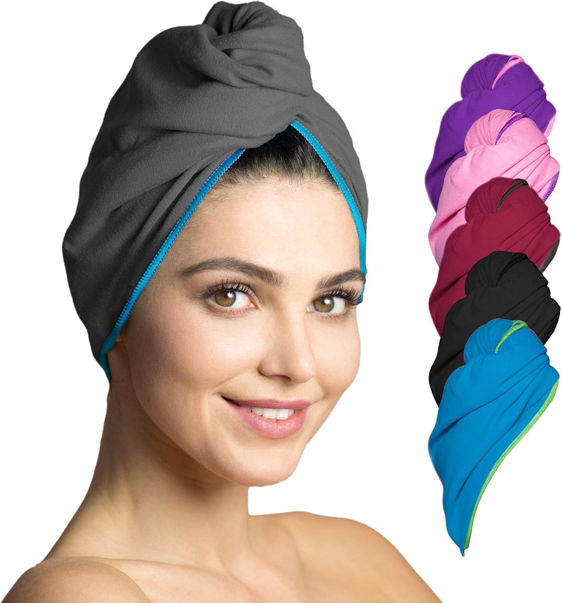 SnelShoppen - Hair Towel Microfibre - Sneldrogende en Absorberende Turban Towel - 2 Stuks Donkergrijs-Blauw - Ideaal voor Thuis en Op Reis