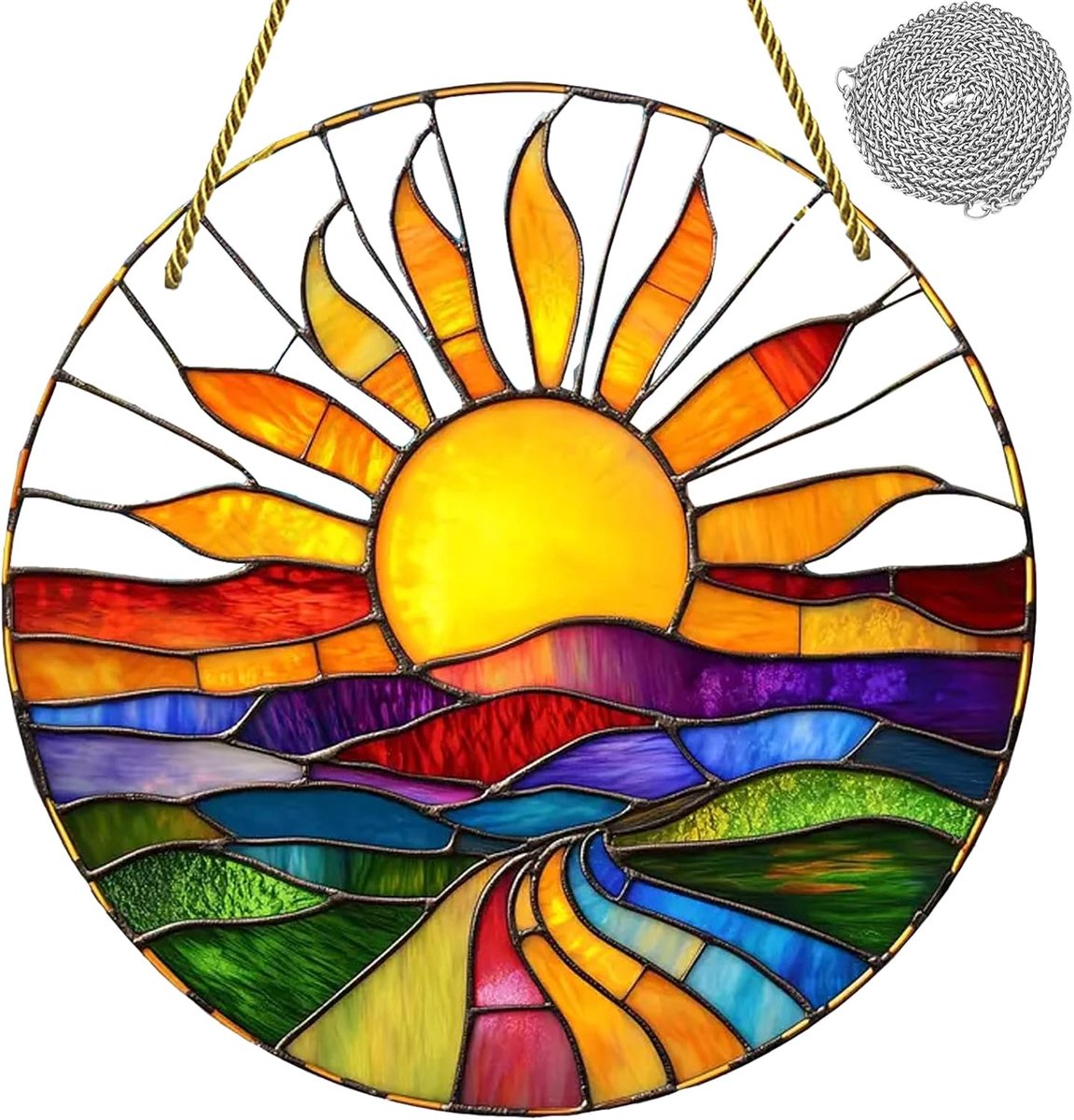 SnelShoppen - 20 x 20 cm Grote Sun Catcher, Kleurrijke Glaseffect Raamdecoratie met Kettinghaak voor Tuin, Balkon, Woonkamer, Boho Decoratie
