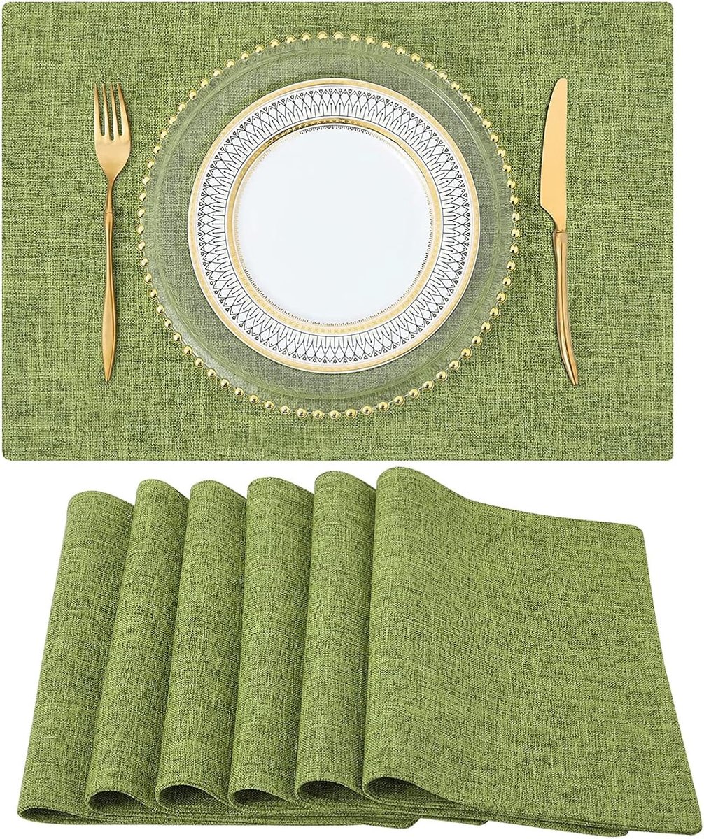 KZQ Set Van 6 Wasbare Katoen Linnen Placemats Grasgroen 33x48 Cm Landelijke Stijl Voor Binnen En Buiten