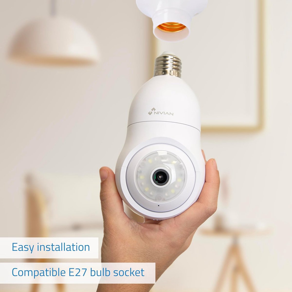 SnelShoppen - Draadloze Bewakingscamera E27-2K met 360 Graden Beweging, Twee-Weg Audio, Nachtzicht, Beweging Detectie, Compatibel met Alexa en Google