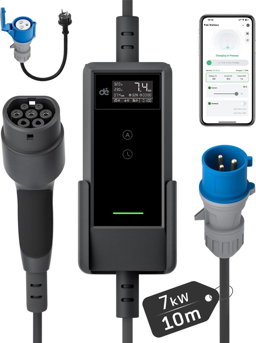 SnelShoppen - EV Oplaadstation 7kW met APP, Mobiele Laadpaal 1-Fase, 10m Kabel, Instelbare Laadkracht 6-32A, Geschikt voor Elektrische Auto's zoals Mo