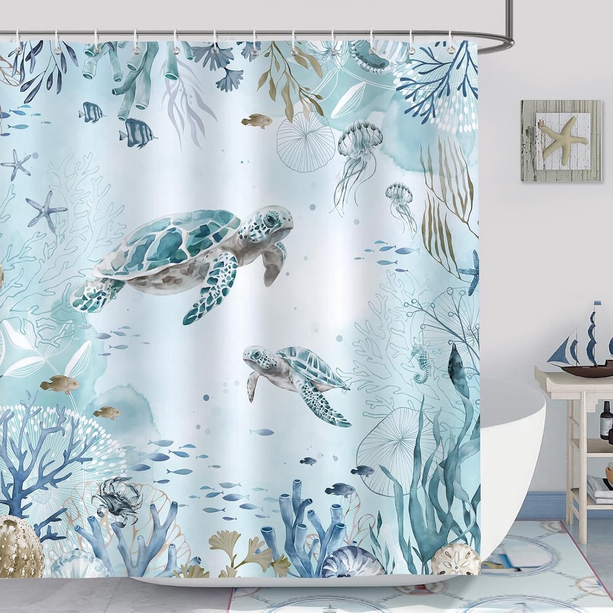 SnelShoppen - Sea Turtle Douchegordijn 180x200cm - Waterproof Polyester Badkamer Gordijn - Mildew Bestendig - Teal Oceaan Strand Decoratie met 12 Haak