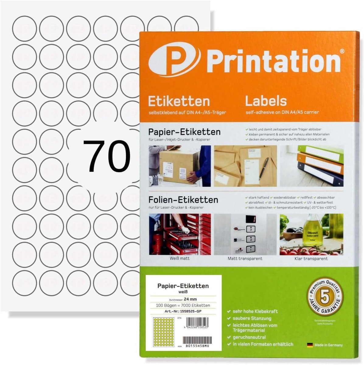 SnelShoppen - 7000 ronde zelfklevende labels 24 mm wit - 100 DIN A4 vellen - printbare etiketten voor organisatie, markeren, en hobbyprojecten
