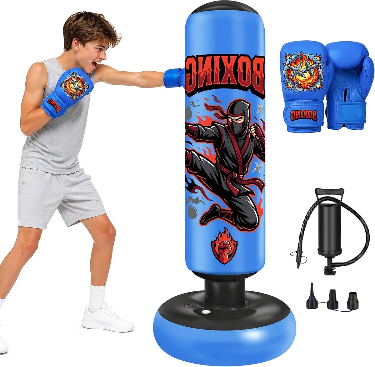 Bokszak 165 cm met handschoenen en pomp voor kinderen en volwassenen, ideaal voor karate, taekwondo en kickboksen, perfect verjaardagscadeau voor jongens en meisjes
