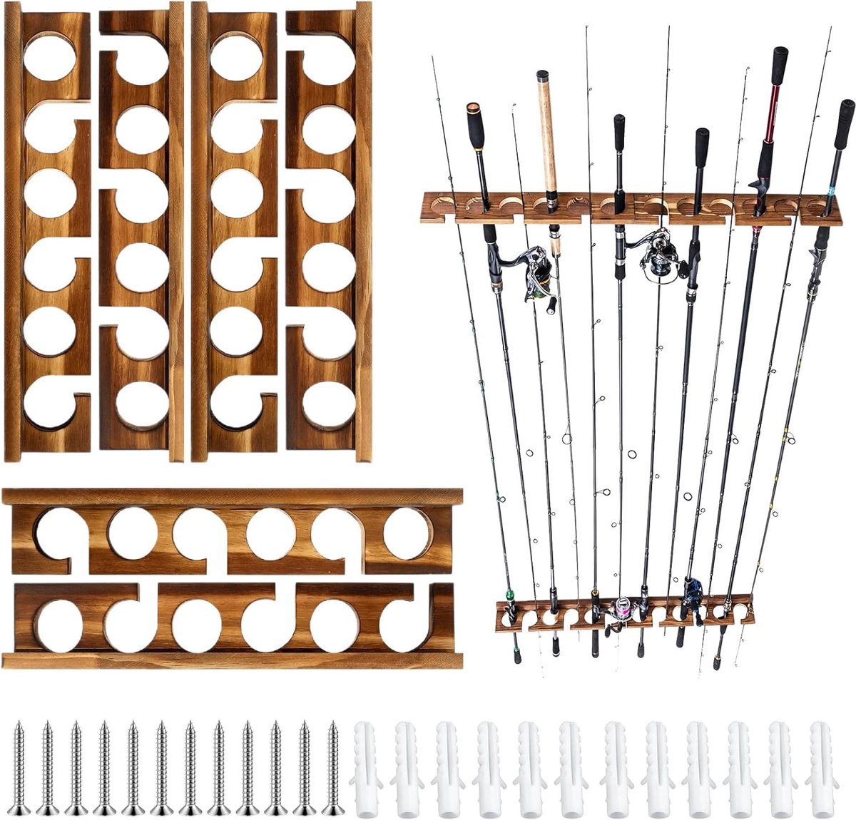SnelShoppen - Wandhouder voor Visspullen, Houten Rod Holder voor 3 Pairs Viss rods, Opslag Rack voor 18 Viss Stokken, Visshengel Beugel, Visshengel Ac