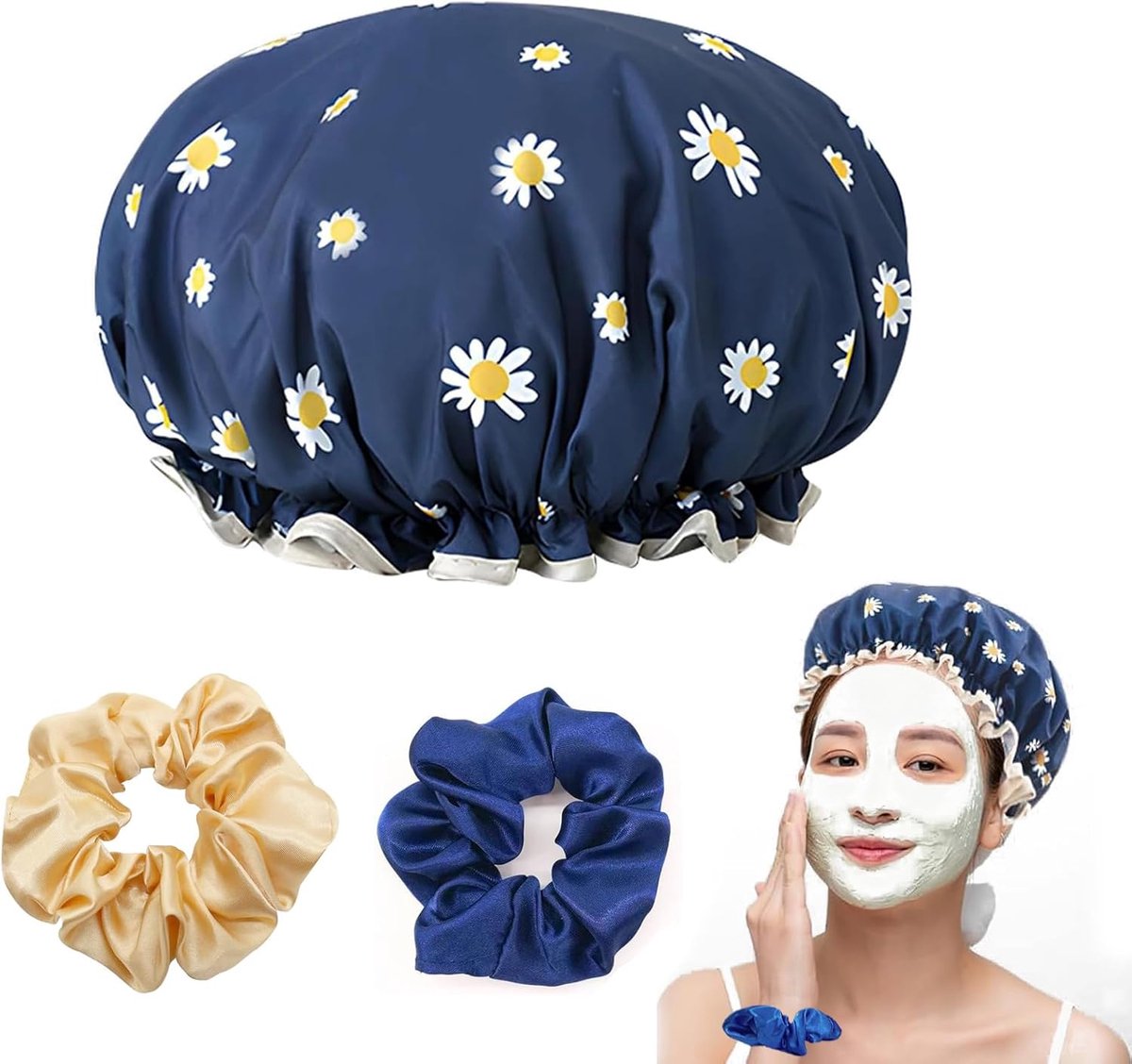 SnelShoppen - Herbruikbare Waterdichte Douchemuts Dubbellaags - Flexibele Haarbescherming voor Dames - Blauw - Inclusief 2 Haarelastiekjes - Ideaal vo