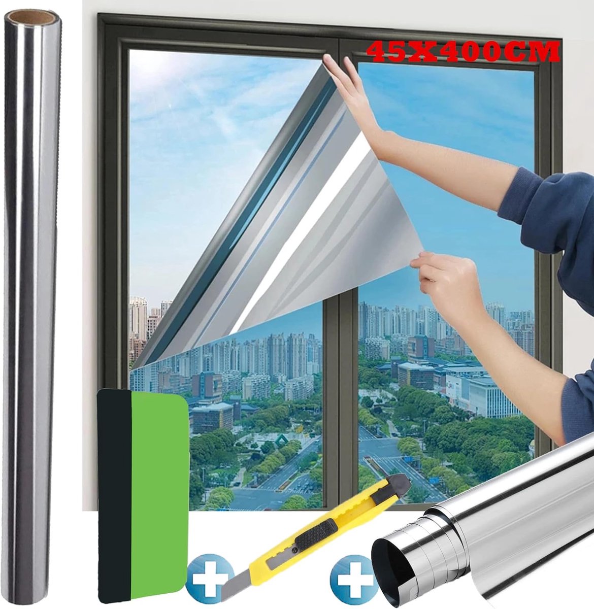 SnelShoppen - UV Bestendige Raamfolie, Zelfklevend Zilver Reflecterend, 45x400cm, Ideaal voor Binnen en Buiten, Privacy Bescherming en Zonwering