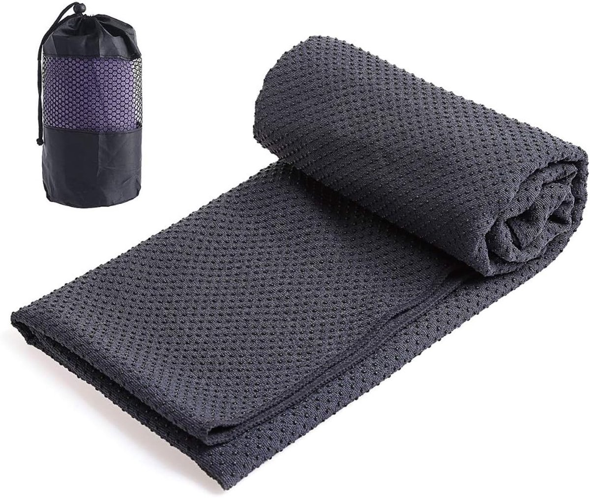 SnelShoppen - Microfiber Yoga Towel - Non-Slip Studs Fitness Towel - 183x63 cm Donkergrijs - Ideaal voor Yoga Mat en Sport