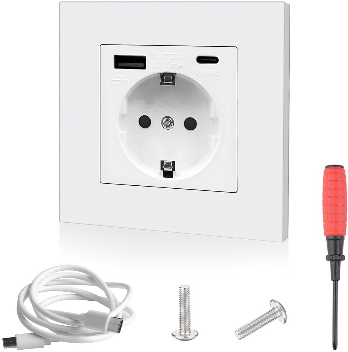 SnelShoppen - Wandcontactdoos met USB en Type C, Wit, 220-250 V/16 A, Geïntegreerde USB-C Datakabel en Schroevendraaier, Ruimtesocket - 86 x 86 mm
