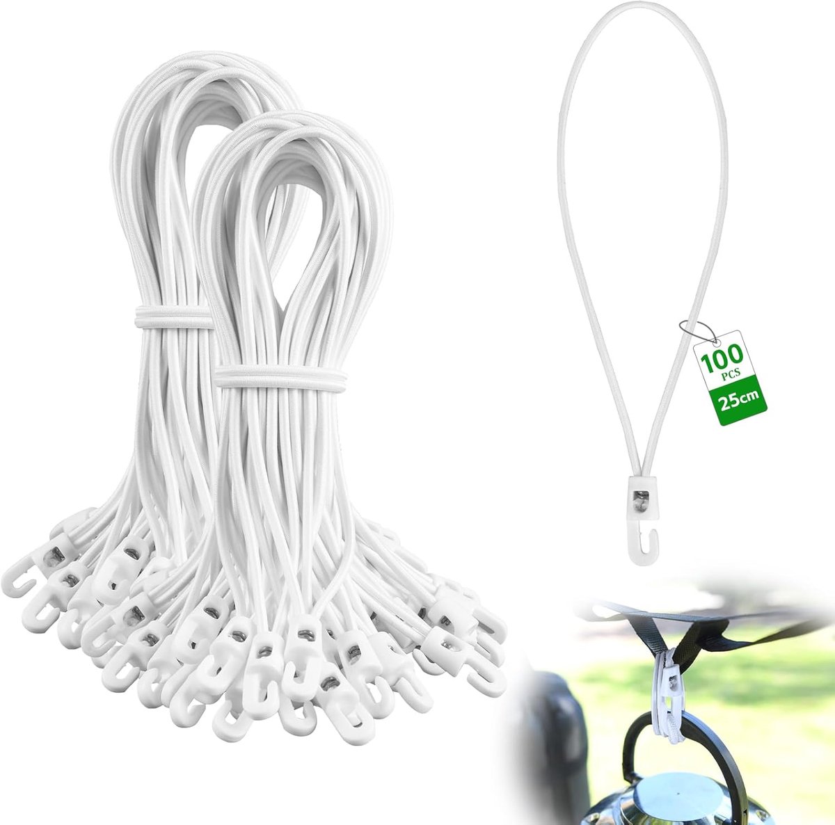 SnelShoppen - Tensioner met Elastische Touw 25 cm en Haak Ø 4 mm - 100 Stuks - Multifunctionele Spanner voor Zeilen, Tent, Kamperen, Aanhangers, Tuin