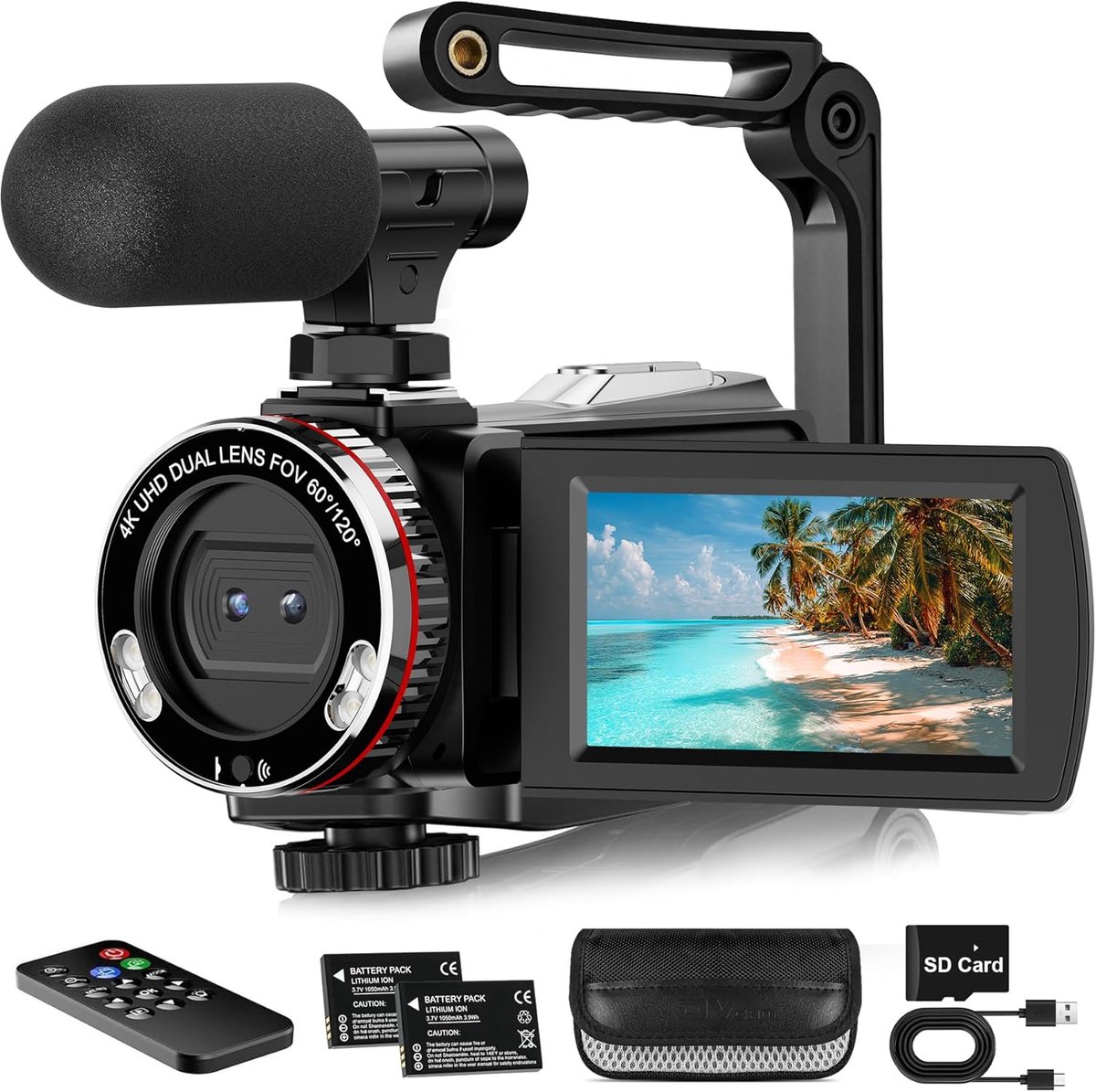 SnelShoppen - 4K videocamera 64 MP Digitale Camcorder 60 FPS met Stabilisatie, Draagbare Vlogging Camera voor YouTube, Inclusief Microfoon, 2 Batterij