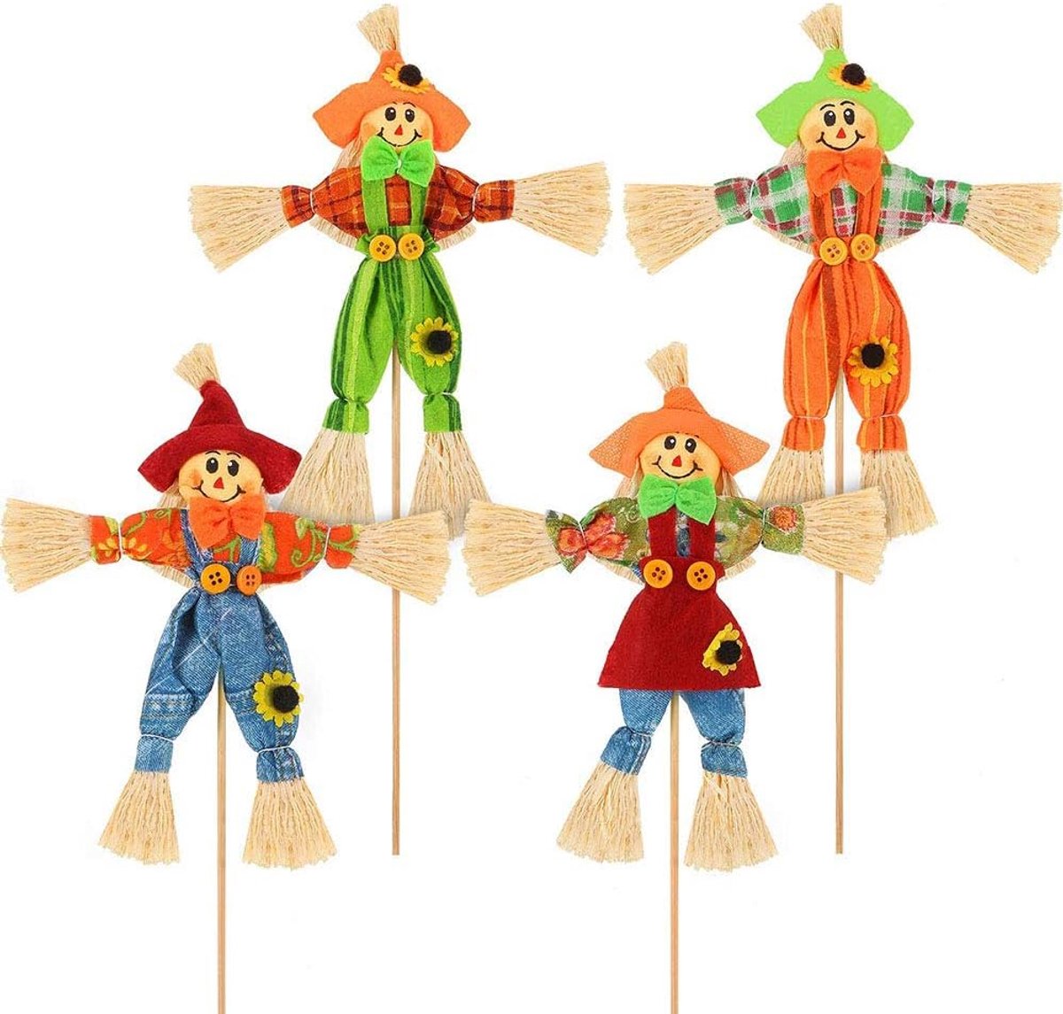 SnelShoppen - 4 Stuks Herfst Scarecrows - Kleine Decoraties voor Halloween - Duurzaam van Bamboe en Stof - Kleurrijke Tuinversiering voor Thuis en Bui