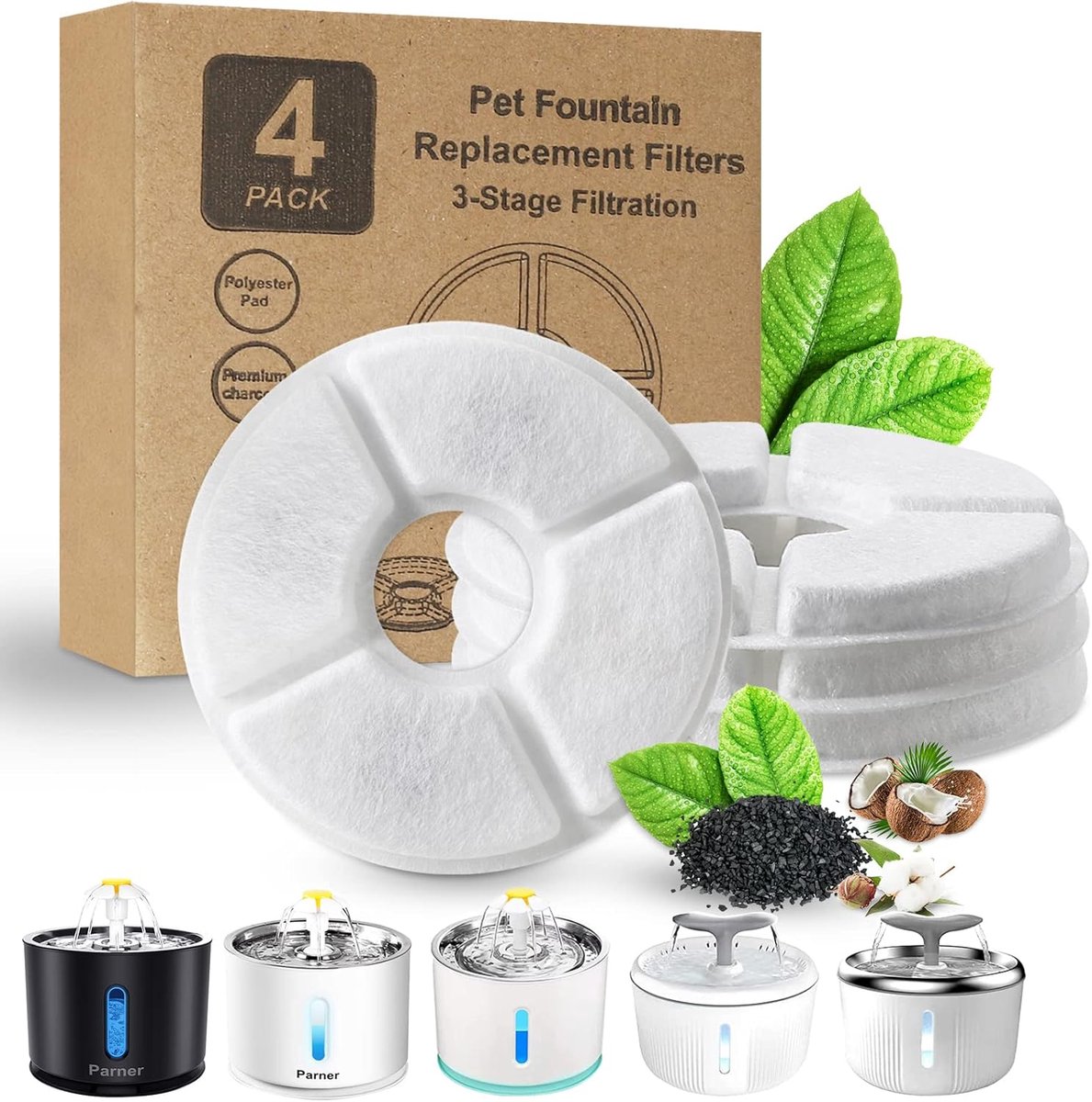 SnelShoppen - Cat Fountain Filters - 8 Stuks - 3-Stage Filtratie - Gezond en Hygiënisch - Premium Katoen, Houtskool en Hars - Voor Katten en Honden -
