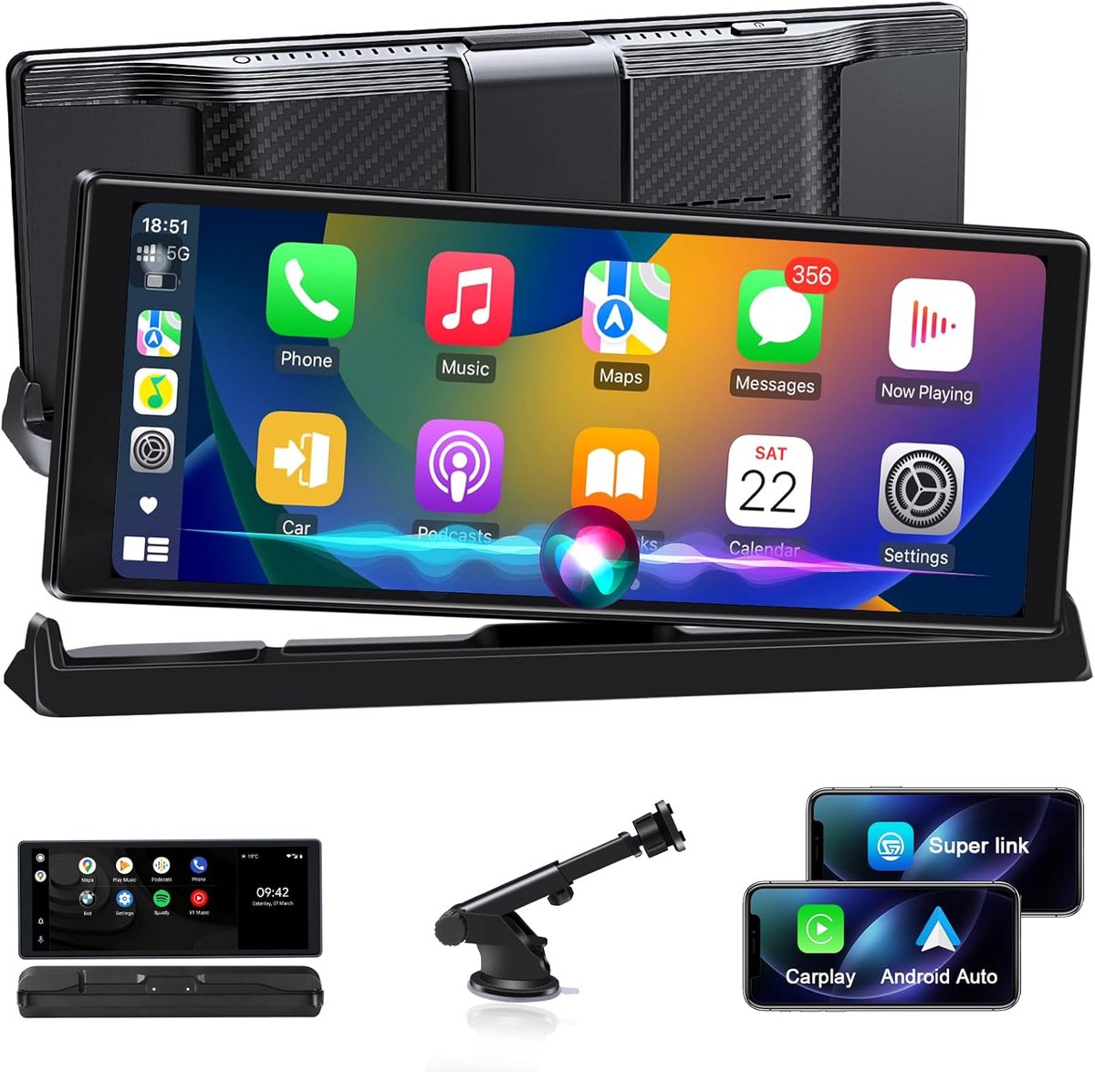 SnelShoppen - 2025 Uniek Carplay-display voor auto, 10,26 inch Android autoradio met houder, GPS-navigatie, Apple Carplay, Siri, Google, OTA-upgrade