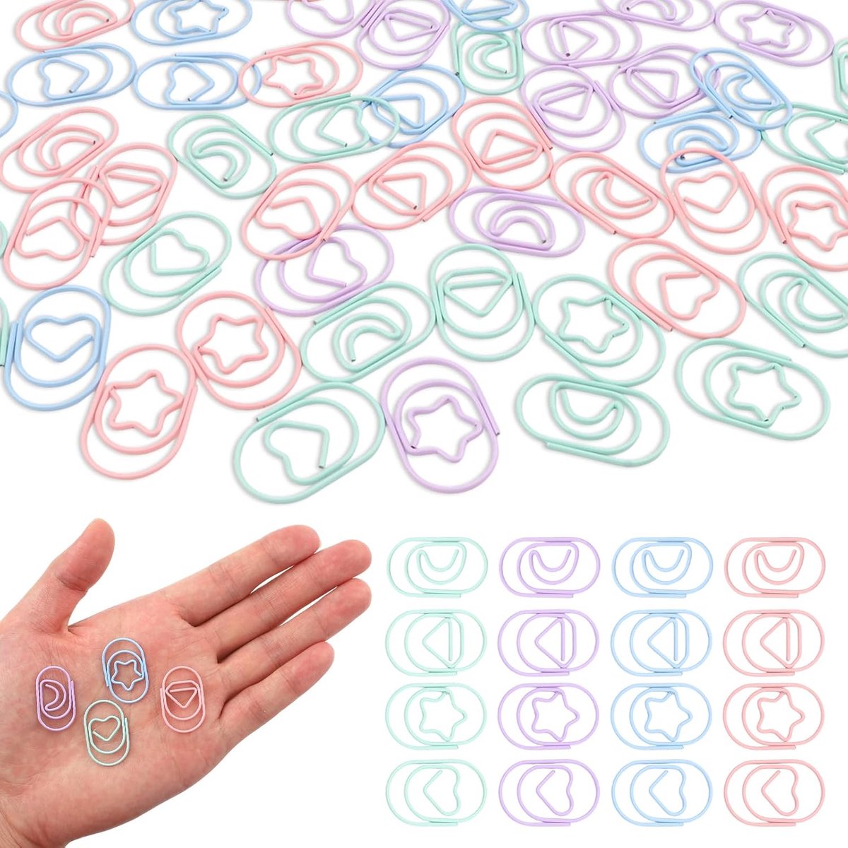 SnelShoppen - 40 Stuks Paper Clips Hartvorm, 4 Stijlen Kantoorclips Set in Roze, Paars, Blauw en Groen voor School, Kantoor, Klascroom en Postkaarten
