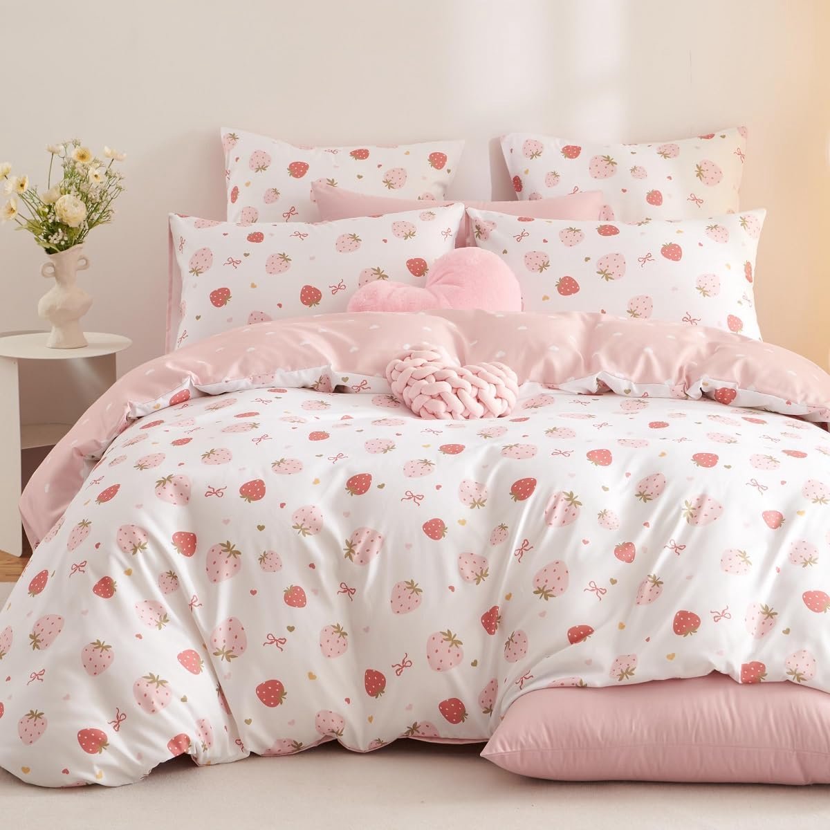 SnelShoppen - Katoenen Dekbedovertrek 135x200 Roze Witte Aardbeien Harten Strikken - Meisjes Bedlinnen Set met Kussensloop 80x80 cm, ÖKO-TEX Microveze