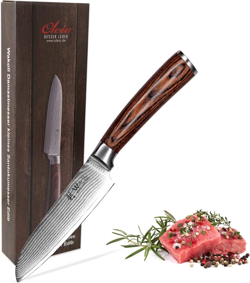 SnelShoppen - Professionele Santoku Mes 12,5 cm - Damast Kookmes met 67 Lagen VG10 Kern - Ergonomische Pakka Houten Handvat - Keuken Gereedschap voor