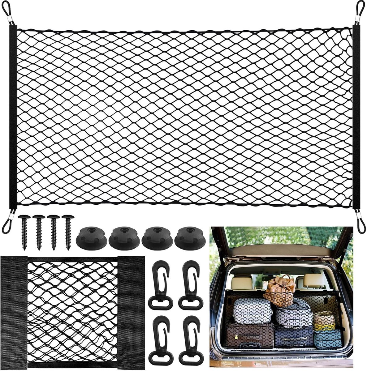 SnelShoppen - Luggage Net Auto 110x60cm - Elastisch Koffers Net Breid Uit tot 140x100cm - Inclusief 30x25cm Net Zak - 4 Stalen Carabiners + 4 ABS Hake