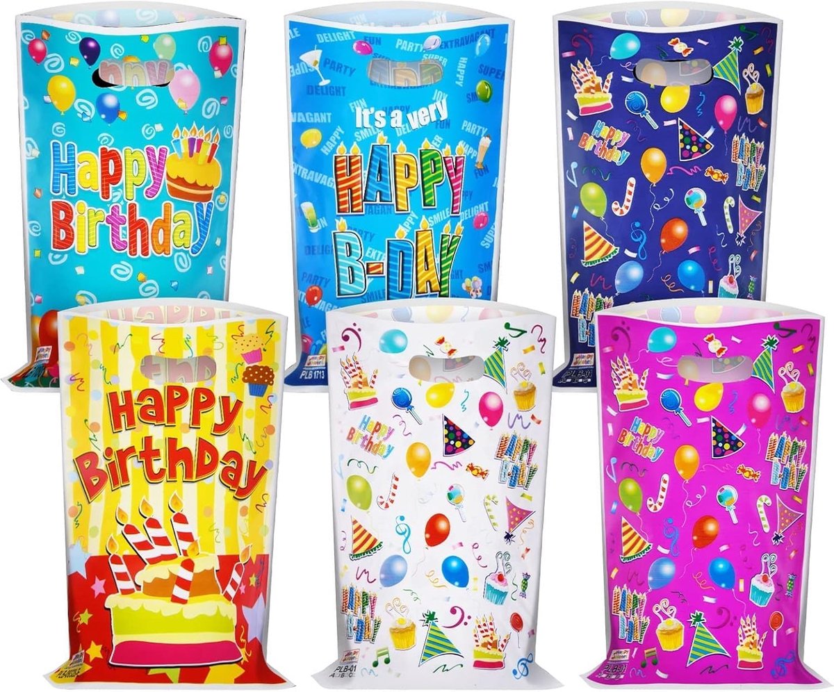 SnelShoppen - 30 Stuks Kinderfeestje Cadeautasjes, Herbruikbare Plastic Gift Bags, 6 Kleuren, Schattige Patronen voor Verjaardagsfeest, Feest, Kindere