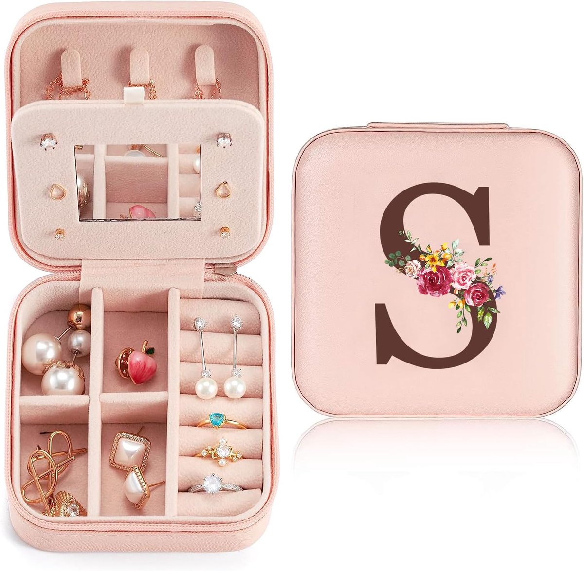 SnelShoppen - Mini Jewellery Box voor Vrouwen - Reisjuwelendoos met Spiegeltje - Organiser voor Ringen, Oorbellen, Halskettingen - Persoonlijk met Ini