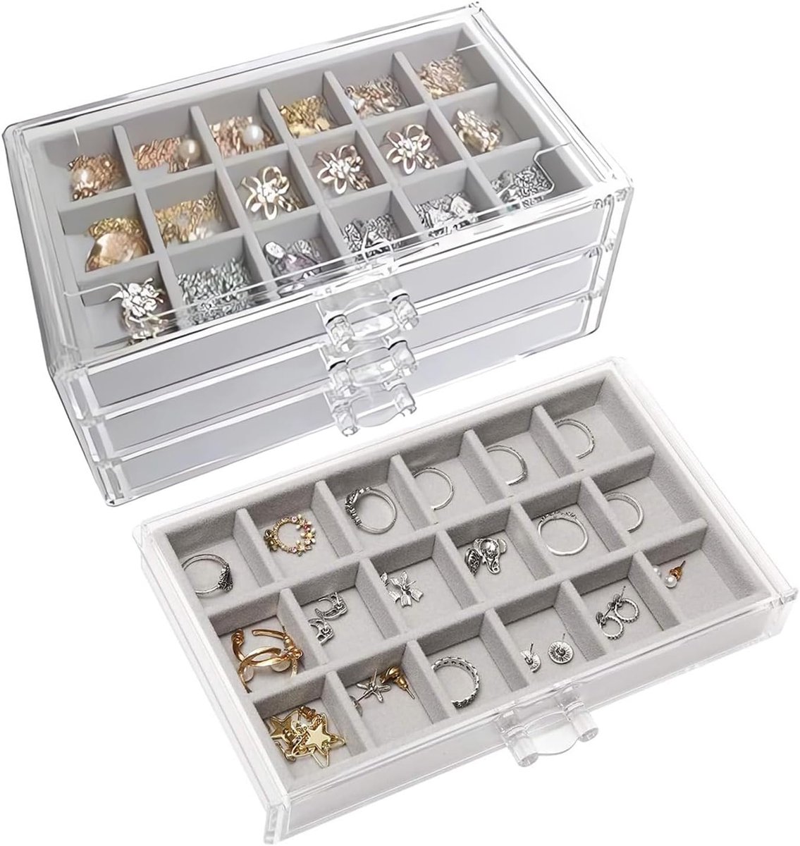 SnelShoppen - Luxe Sieraden Doos - Velvet Earring Organizer - Stapelbare Acryl Sieradenopbergdoos - Grijze Kristal Opslag voor Ringen, Oorbellen & Ket