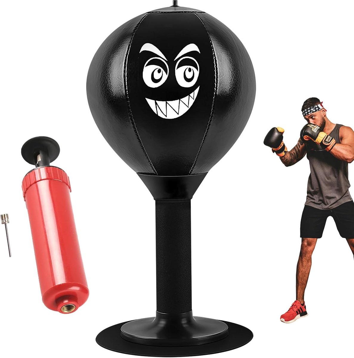 SnelShoppen - Punching Ball Tafel met Veertjes - Stress Verlichting Suctie Cup voor Baas, Collega's, Vrienden - 18 x 17.5 x 37 cm - Zwart - Ideaal voo
