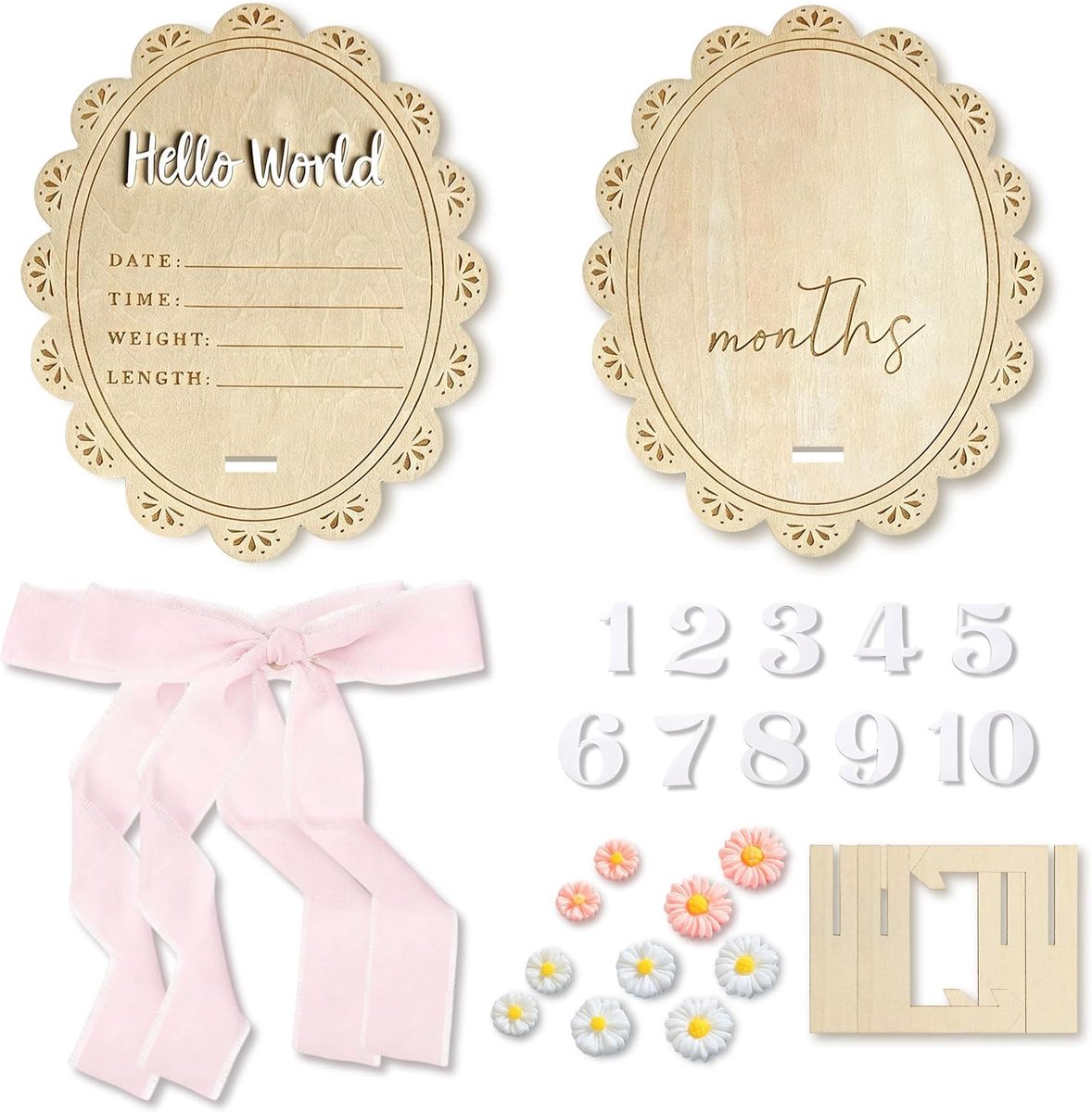 SnelShoppen - Hello World Baby Houten Bord Set, 2 Stuks Welkomstbord voor Pasgeborenen met Standaard, 15 cm Aankondigingsbord voor Babyfoto's en Geboo