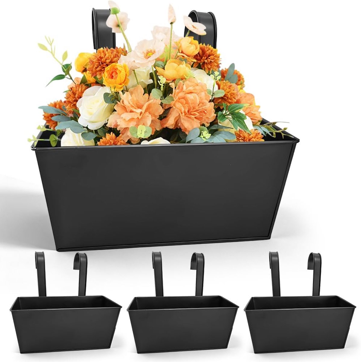 SnelShoppen - 4 Stuks Grote Bloempotten van Metaal, Hangpotten met Afneembare Haak 27,5 cm, Zwart, Voor Balkon, Hek, Tuin, Muur, Huis Decoratie