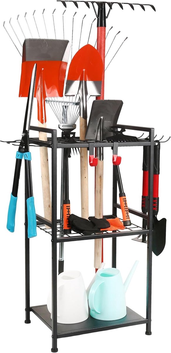 SnelShoppen - Garden Tool Storage Organizer met 35 Slots & 11 Hooks, Robuuste Carbon Staal Tuin Gereedschap Organizer voor Broom, Schop, Hark, Garage
