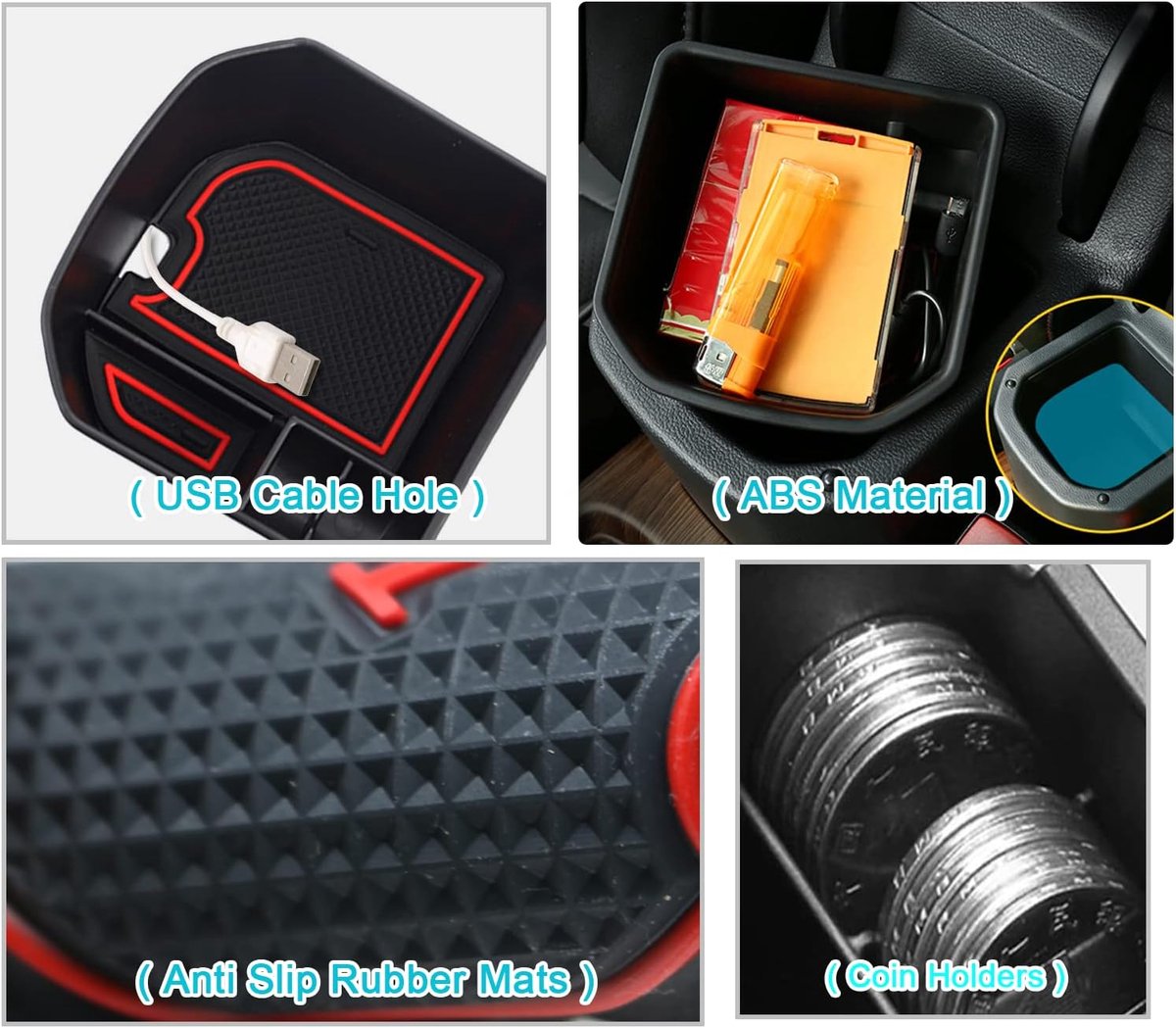 SnelShoppen - Auto Opbergbox VW T-ROC 2018-2024 Console Organizer met Munt Houder, Hoogwaardige ABS, Waterdicht, Rood, Perfect voor Accessoires en Mun